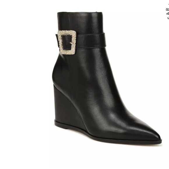 NEW Sam Edelman Women's Weslie Buckle Wedge Leather Black Booties Boots Size 9.5 - Picture 1 of 10